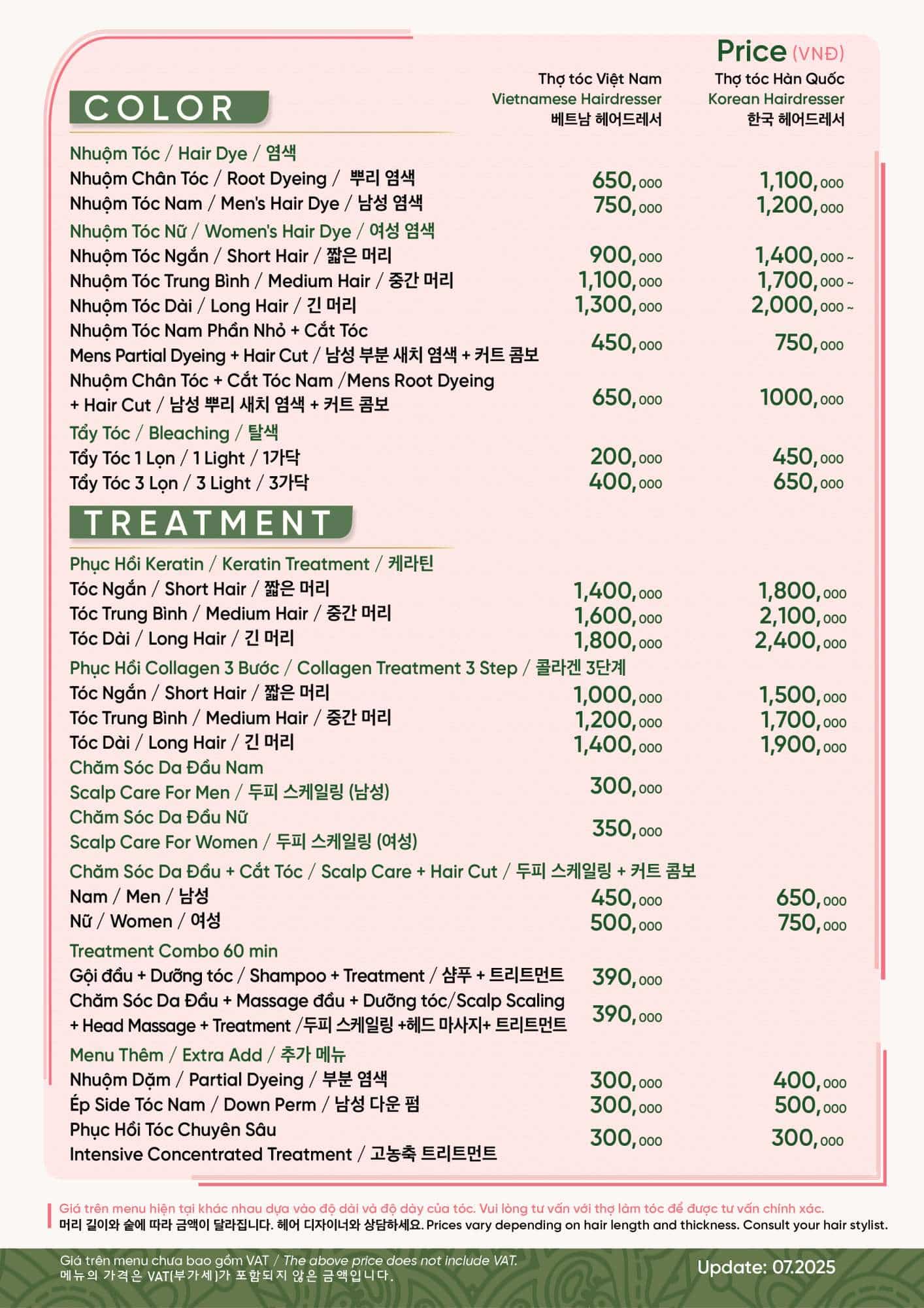 Bảng giá Menu Hair 1