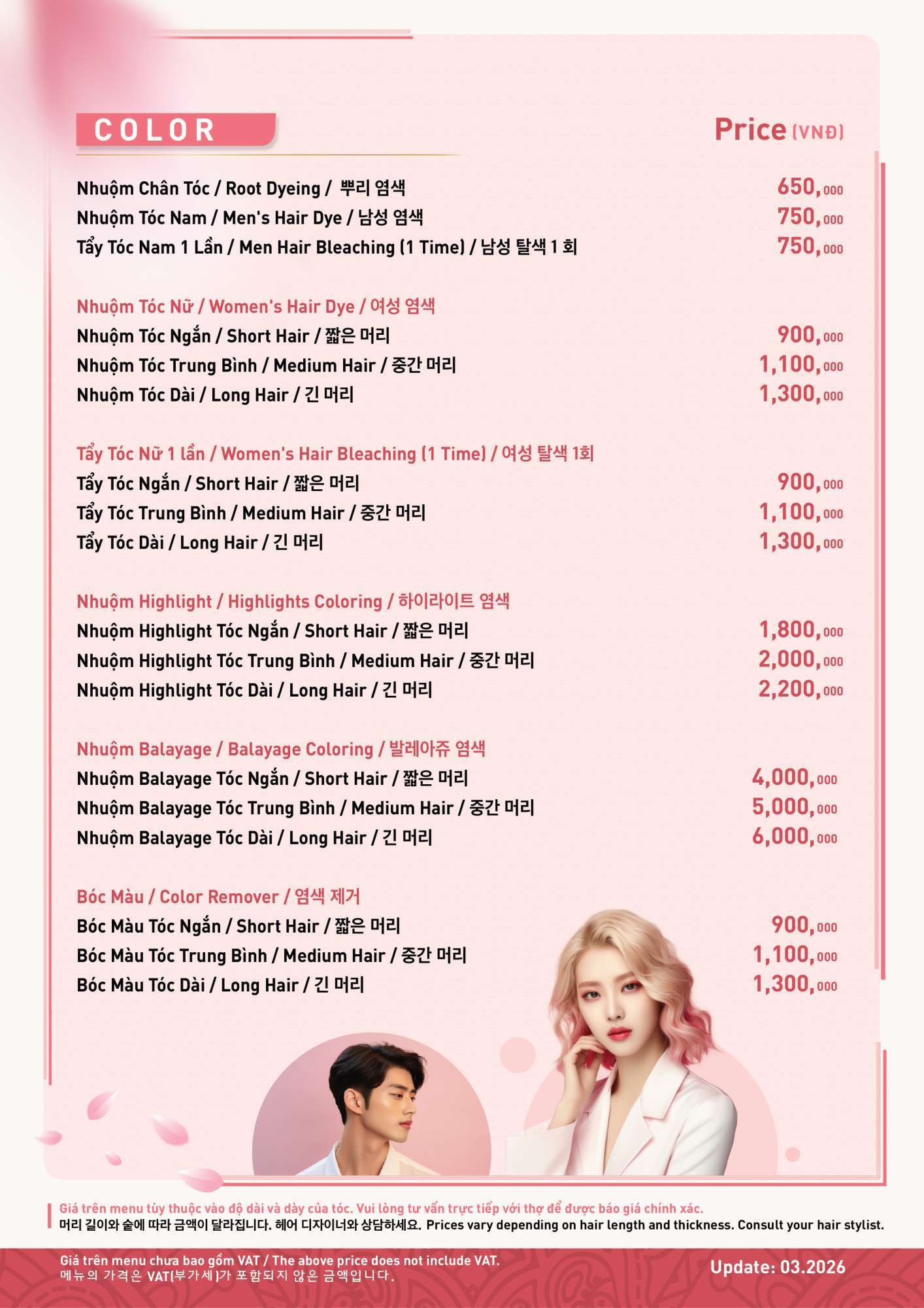Bảng giá Menu Hair T3 26