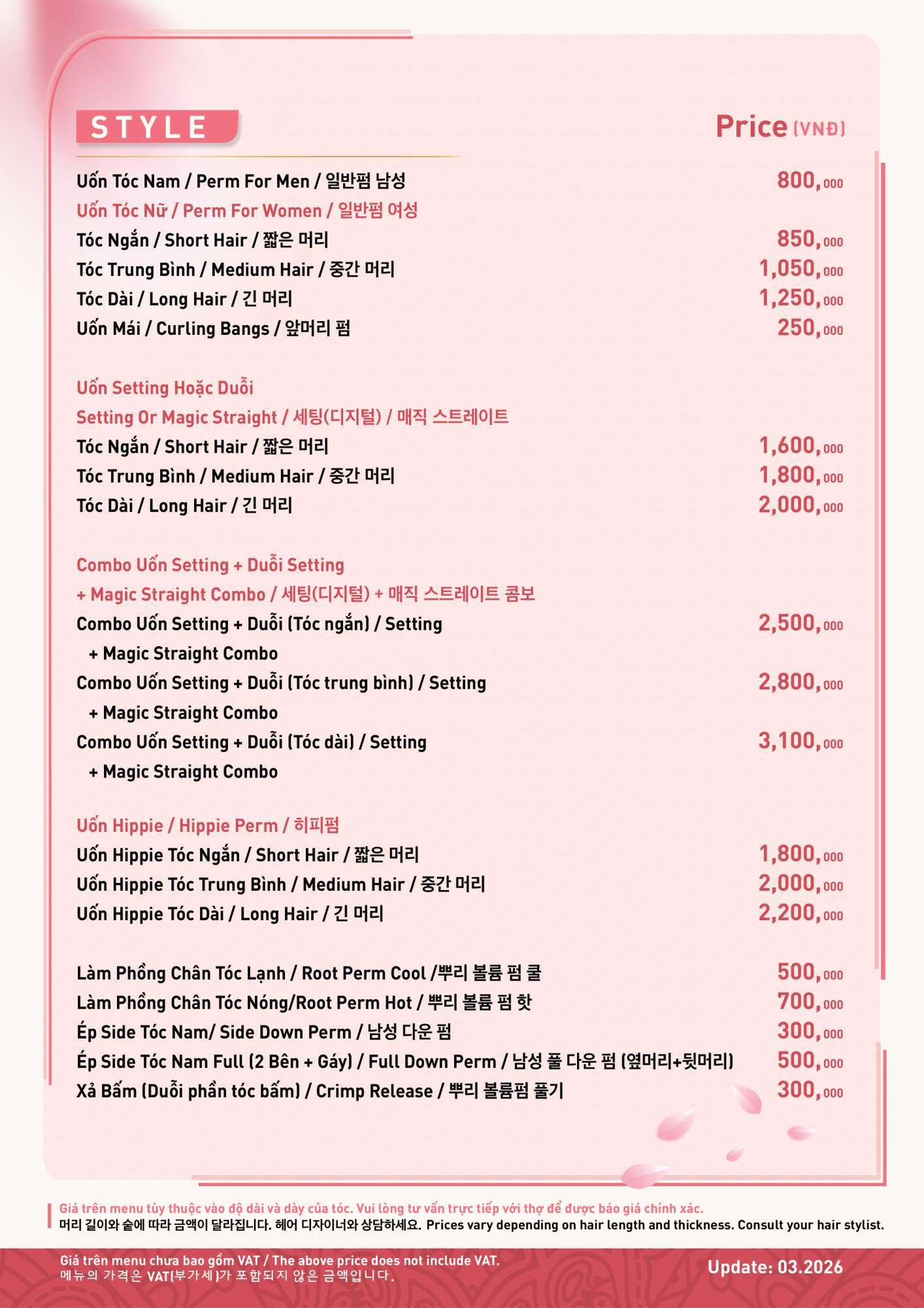 Bảng giá Menu Hair T3 26