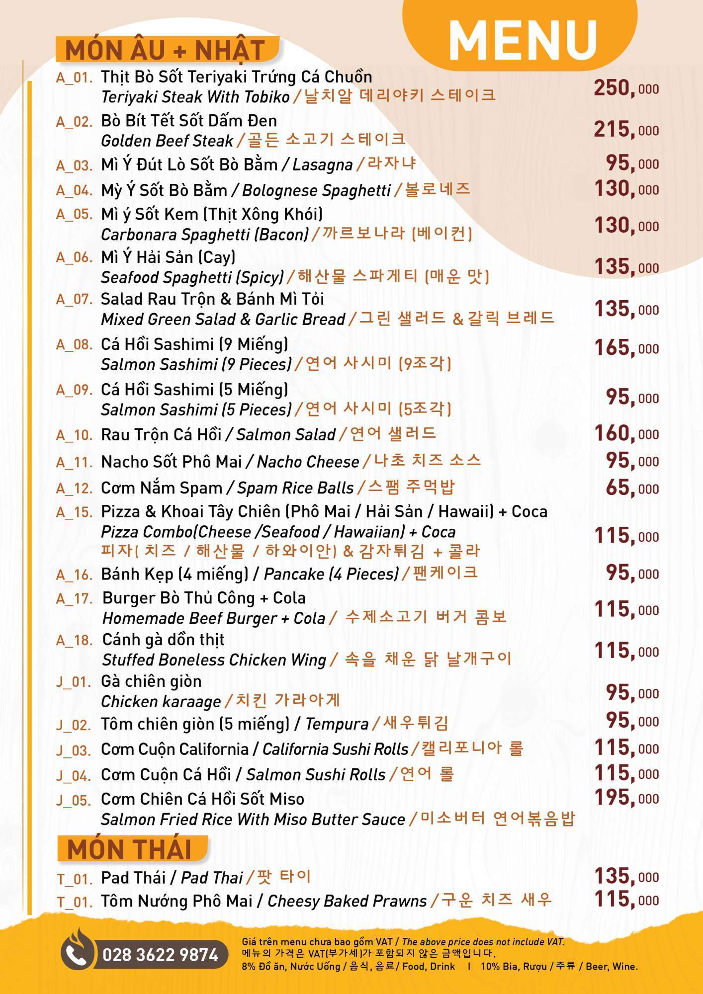 Bảng giá Menu Nhà Hàng