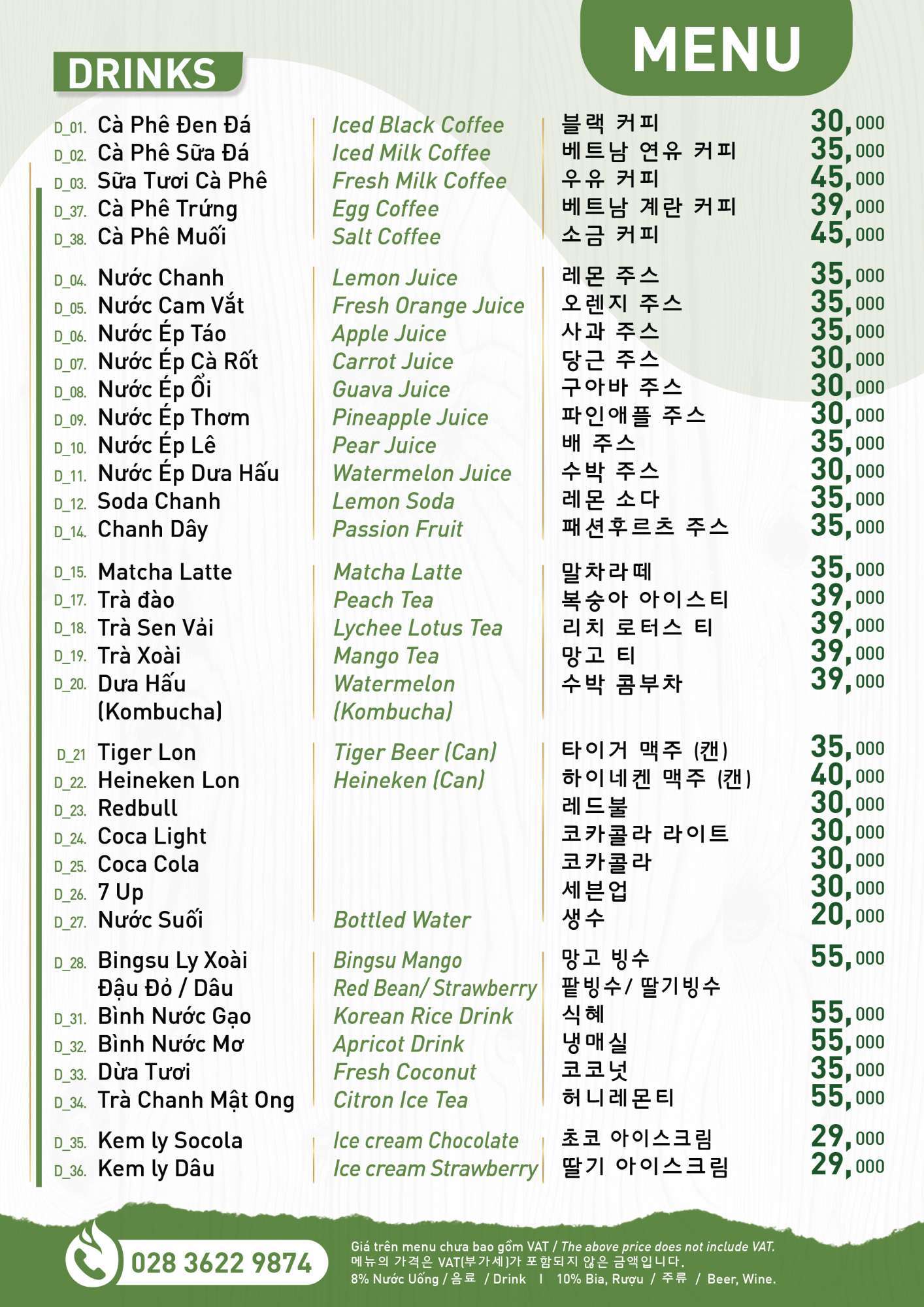 Bảng giá Menu Nhà Hàng