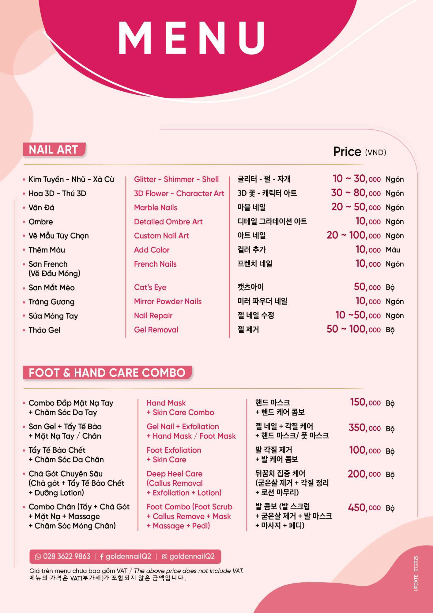 Bảng giá Menu Nail